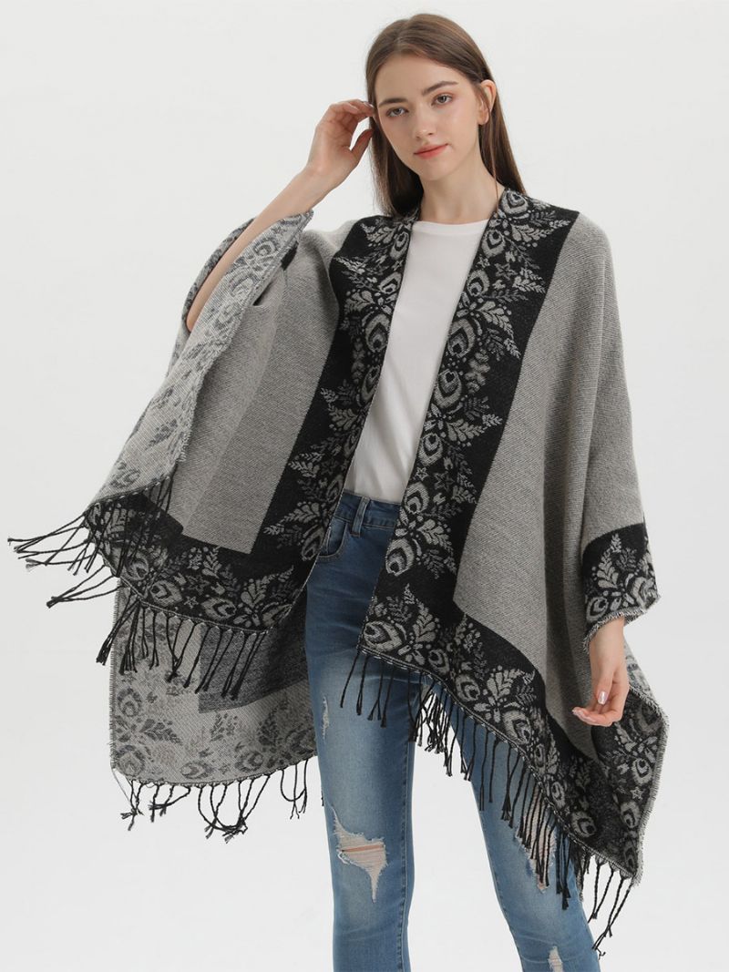 Kvinders Bohemian Fringe Cape Printed Oversized Fall Winter Ponchos