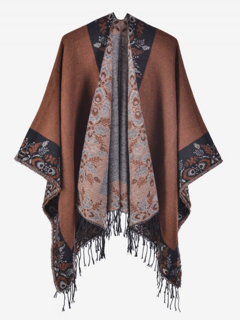 Kvinders Bohemian Fringe Cape Printed Oversized Fall Winter Ponchos - Kaffe Brun