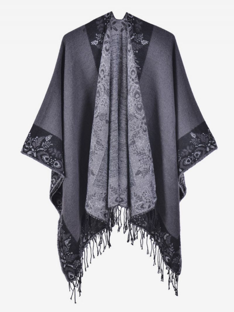 Kvinders Bohemian Fringe Cape Printed Oversized Fall Winter Ponchos - Grå