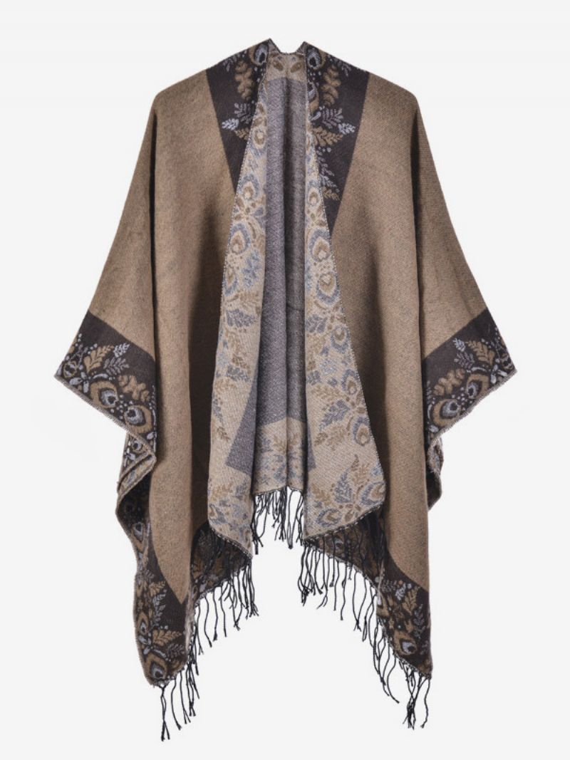 Kvinders Bohemian Fringe Cape Printed Oversized Fall Winter Ponchos - Kamel