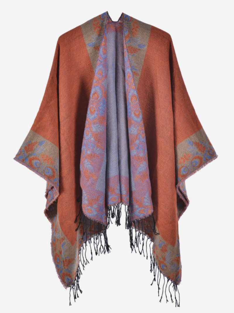 Kvinders Bohemian Fringe Cape Printed Oversized Fall Winter Ponchos - Orange