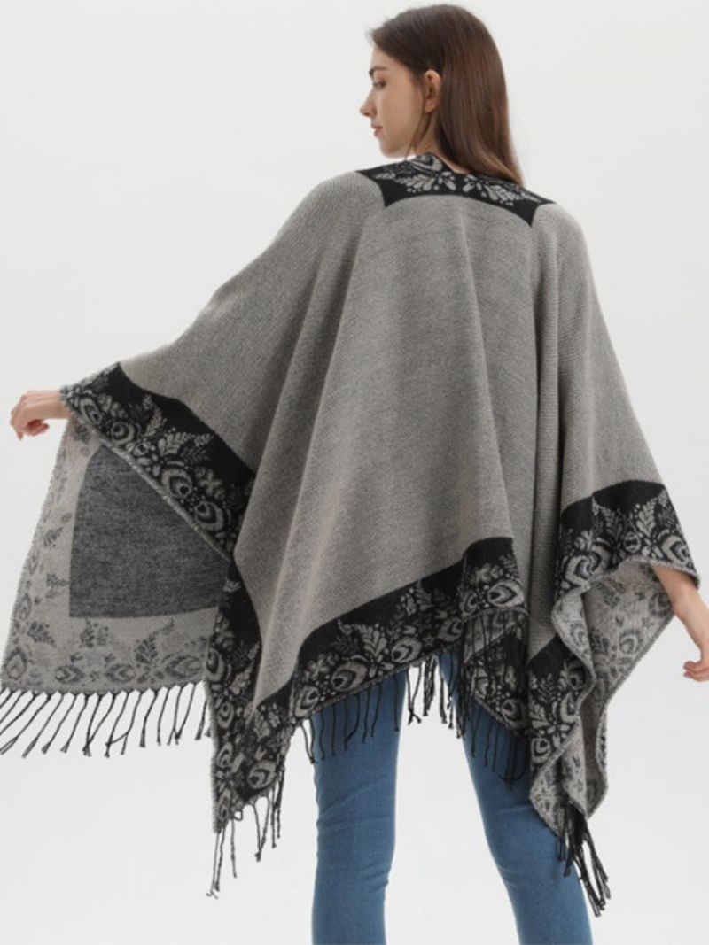 Kvinders Bohemian Fringe Cape Printed Oversized Fall Winter Ponchos - Sort