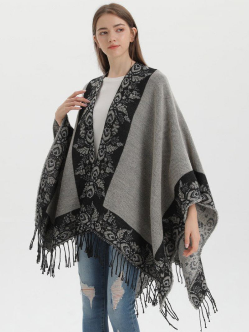 Kvinders Bohemian Fringe Cape Printed Oversized Fall Winter Ponchos - Sort