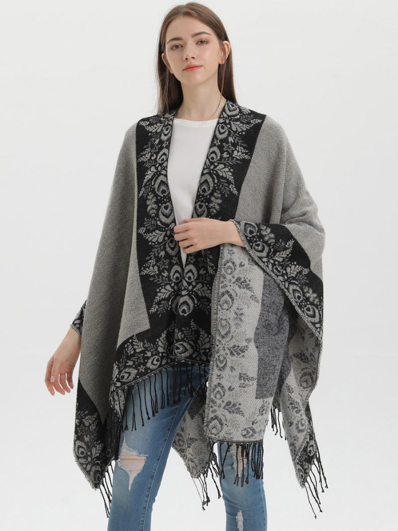 Kvinders Bohemian Fringe Cape Printed Oversized Fall Winter Ponchos - Sort