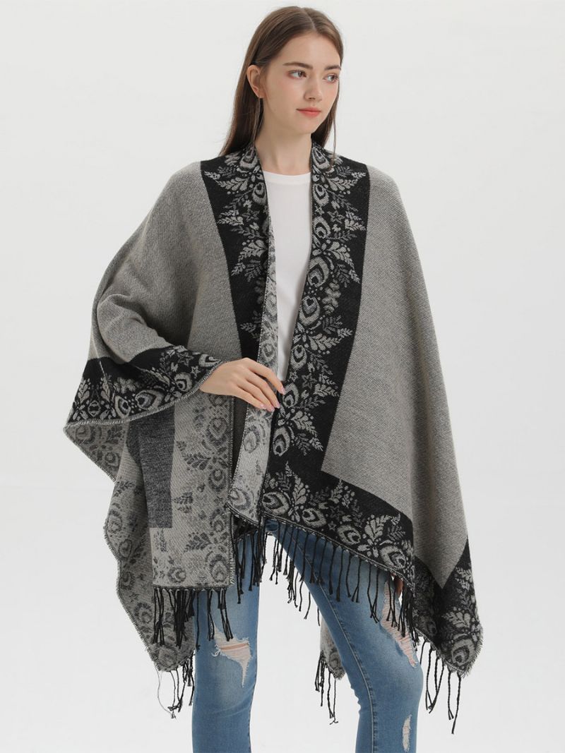 Kvinders Bohemian Fringe Cape Printed Oversized Fall Winter Ponchos - Sort