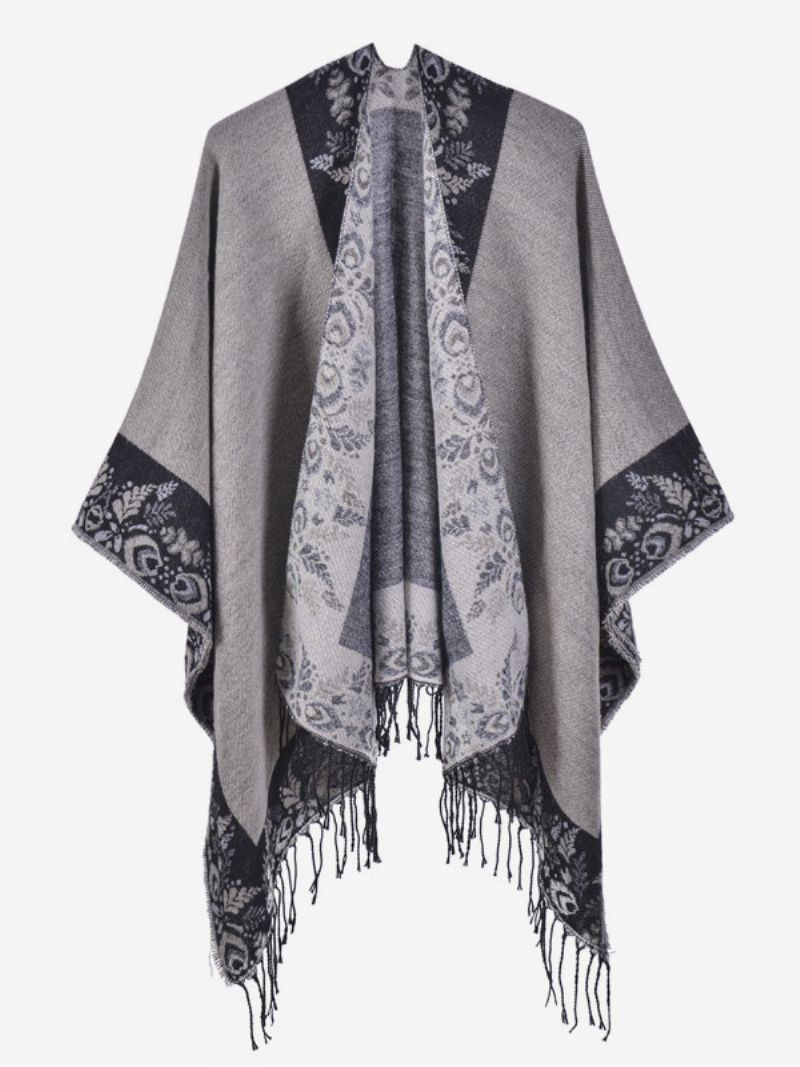 Kvinders Bohemian Fringe Cape Printed Oversized Fall Winter Ponchos - Sort