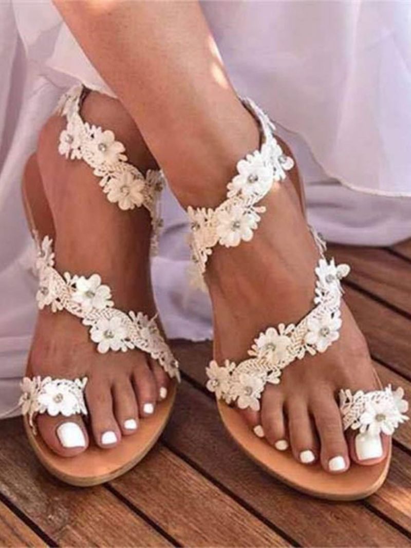 Kvinders Boho Bryllupssko Brun Toe Loop Flowers Flade Sandaler