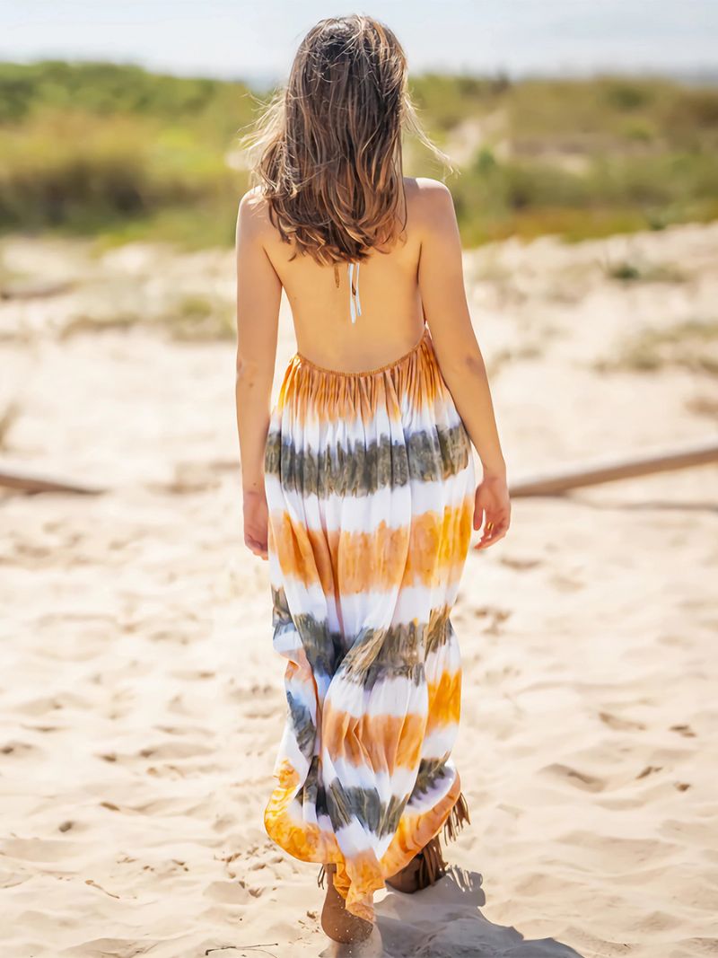 Kvinders Boho Kjole Halter V-hals Åben Ryg Casual Resort Sommer Maxi Kjoler - Orange