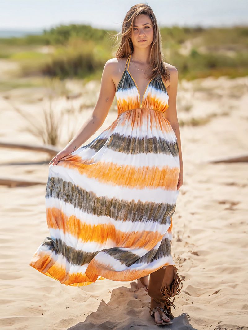 Kvinders Boho Kjole Halter V-hals Åben Ryg Casual Resort Sommer Maxi Kjoler - Orange