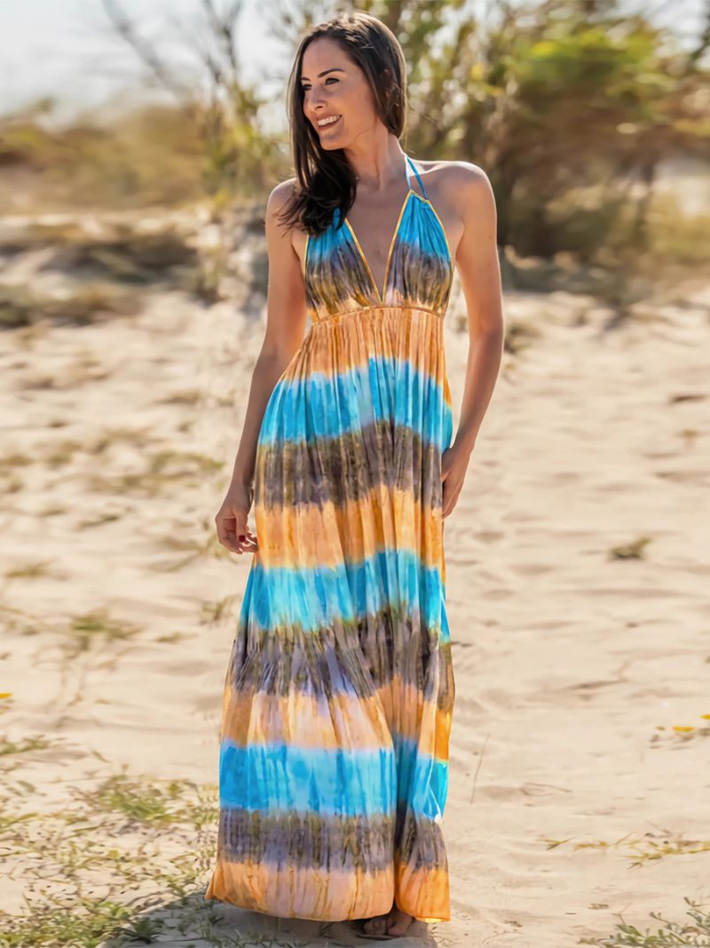 Kvinders Boho Kjole Halter V-hals Åben Ryg Casual Resort Sommer Maxi Kjoler - Blå