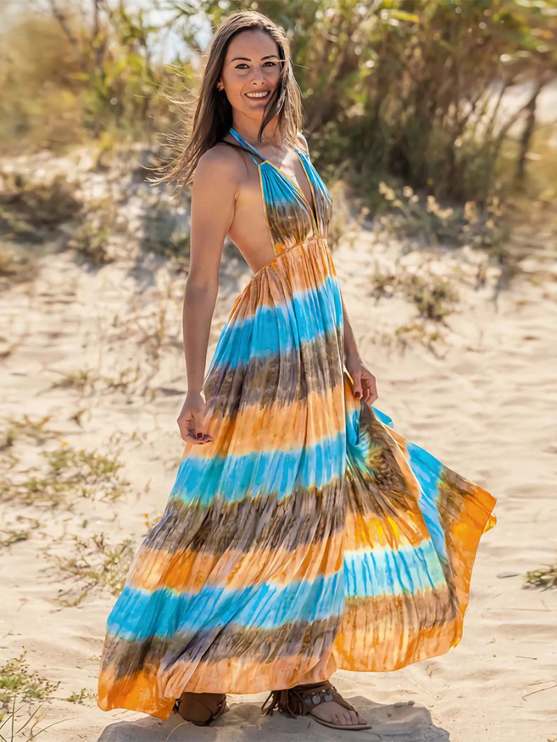 Kvinders Boho Kjole Halter V-hals Åben Ryg Casual Resort Sommer Maxi Kjoler - Blå