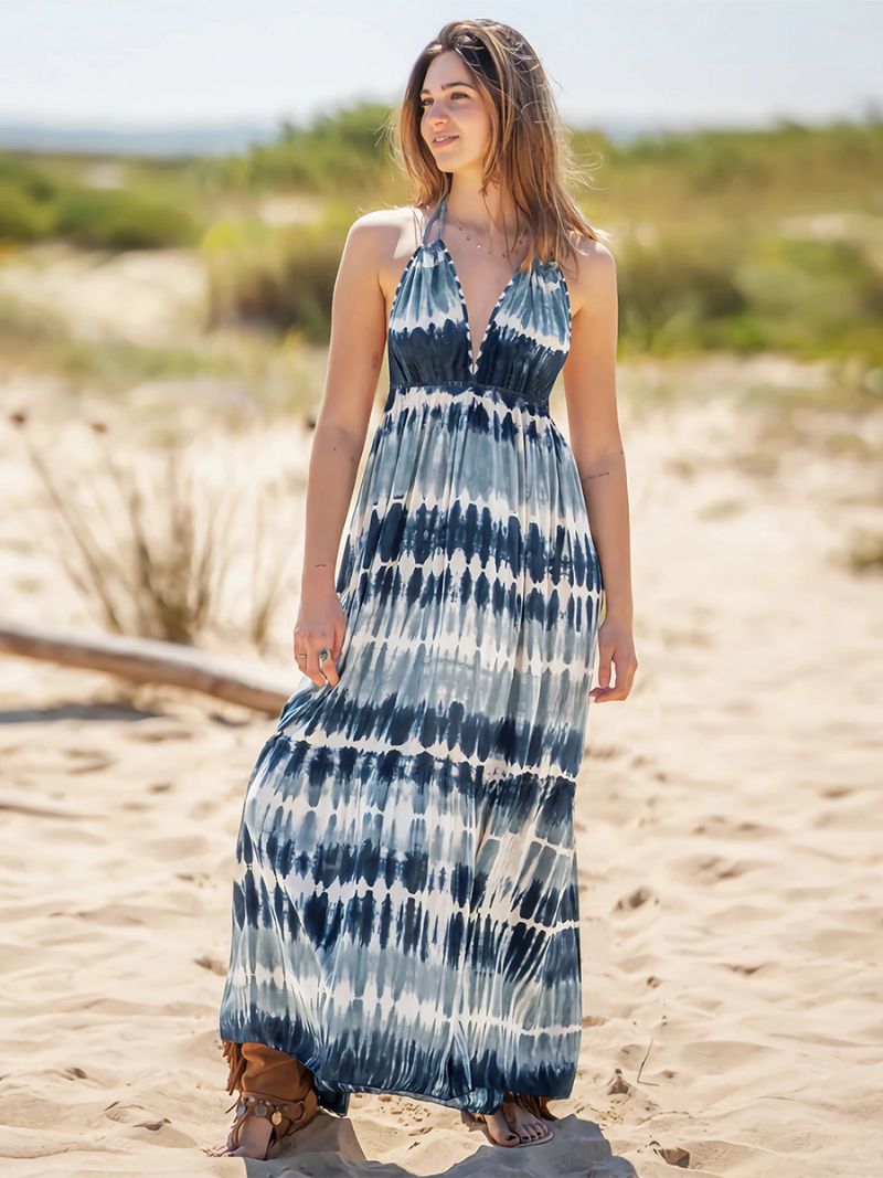 Kvinders Boho Kjole Halter V-hals Åben Ryg Casual Resort Sommer Maxi Kjoler - Lys Himmelblå