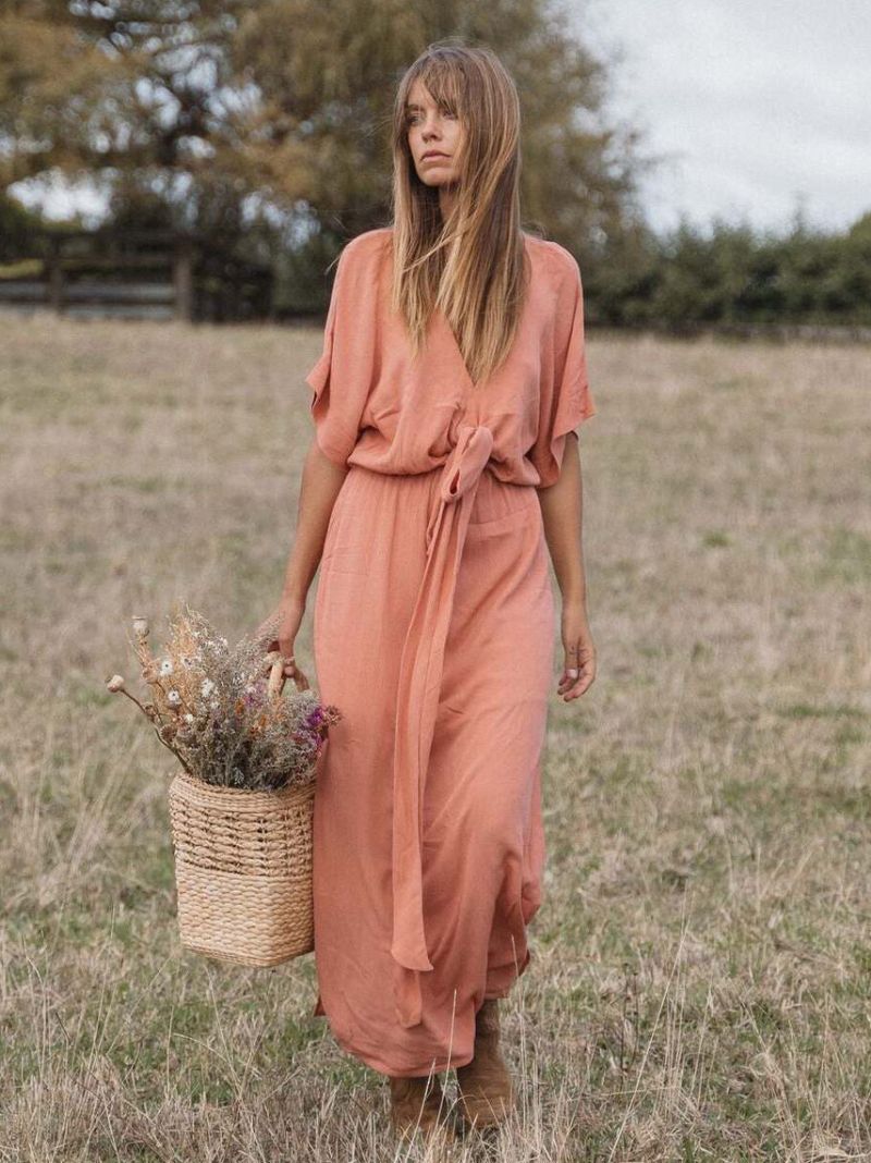 Kvinders Boho-kjole Med Halve Ærmer Bælte Til Sommer Strand-maxikjoler - Pink