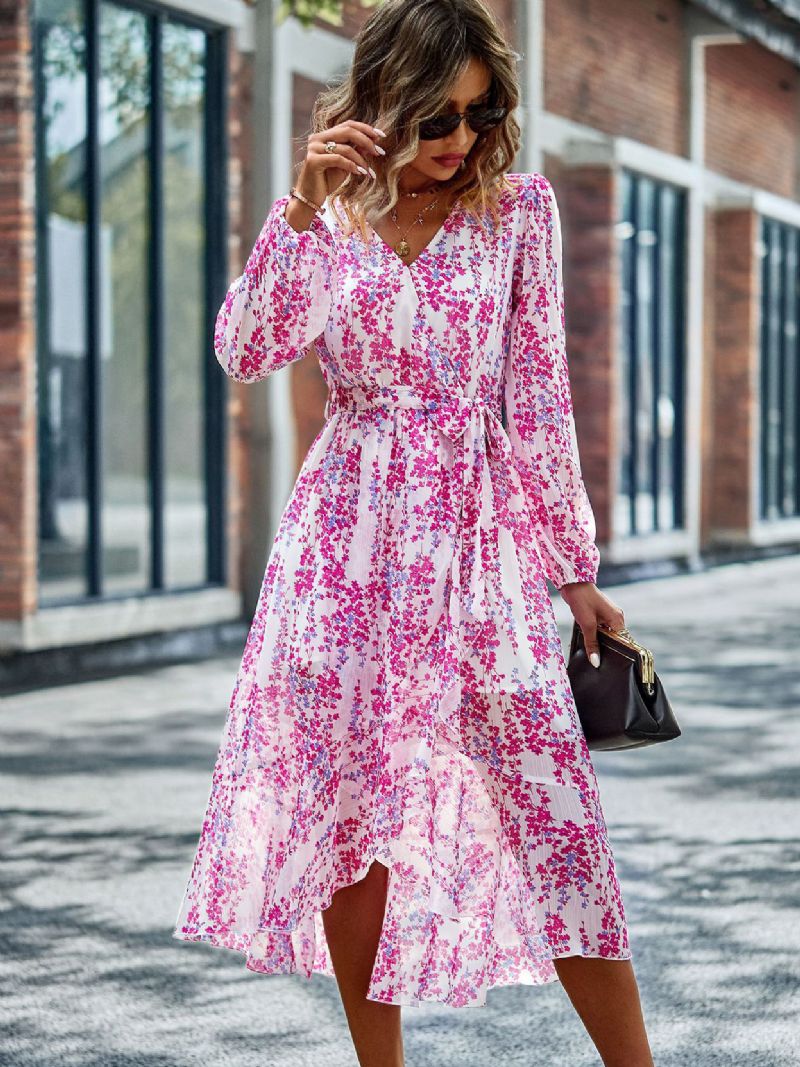 Kvinders Boho-kjole Med Lange Ærmer Og V-hals Blomsterprint Snørebånd På Stranden - Rose