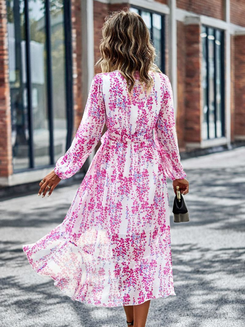 Kvinders Boho-kjole Med Lange Ærmer Og V-hals Blomsterprint Snørebånd På Stranden - Rose