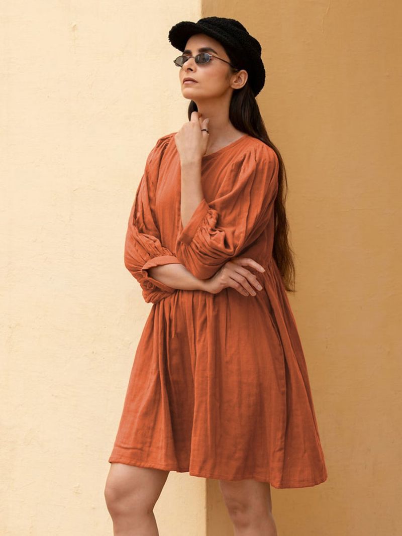 Kvinders Boho-kjole Med Snørebånd Og Udsmykket Krave Halve Ærmer Oversized Sommerkjole - Orange