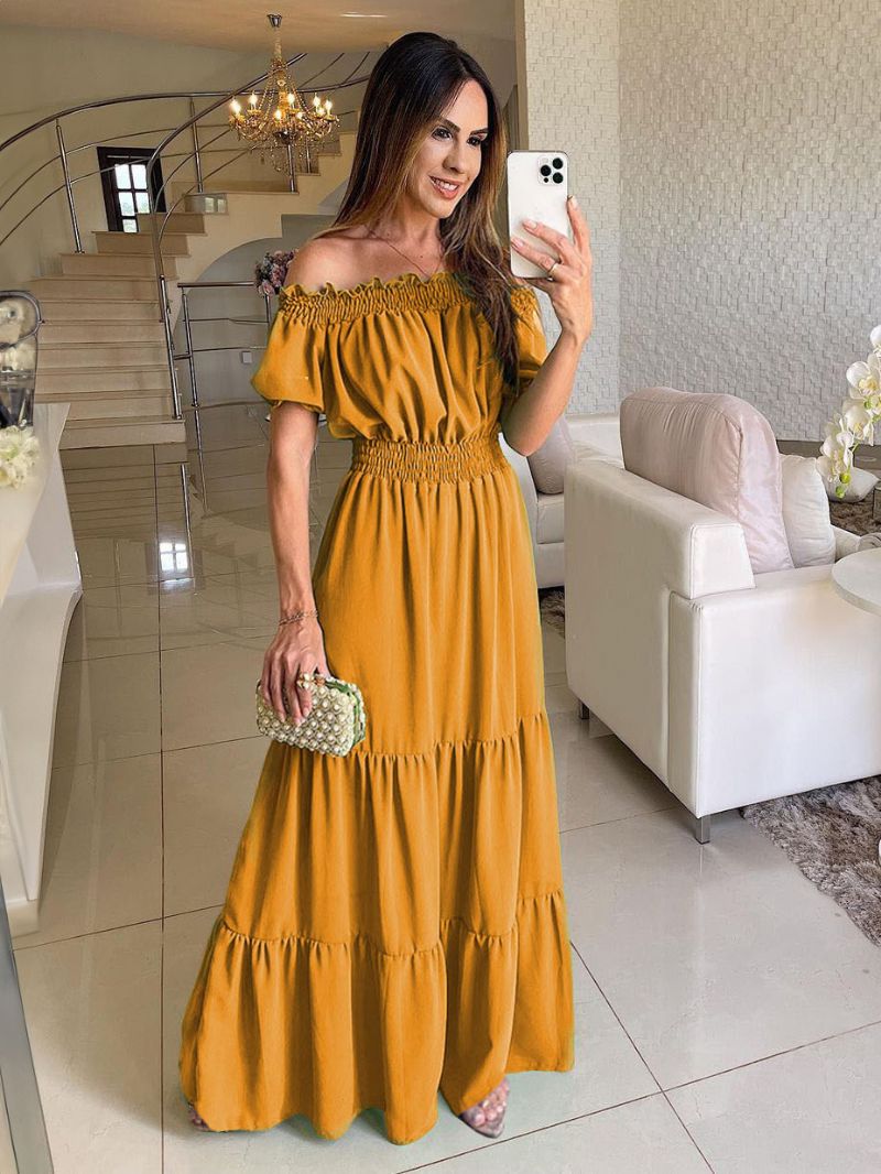 Kvinders Boho Kjole Off The Shoulder Plisseret Tier Casual Sommer Maxi Kjoler - Gul