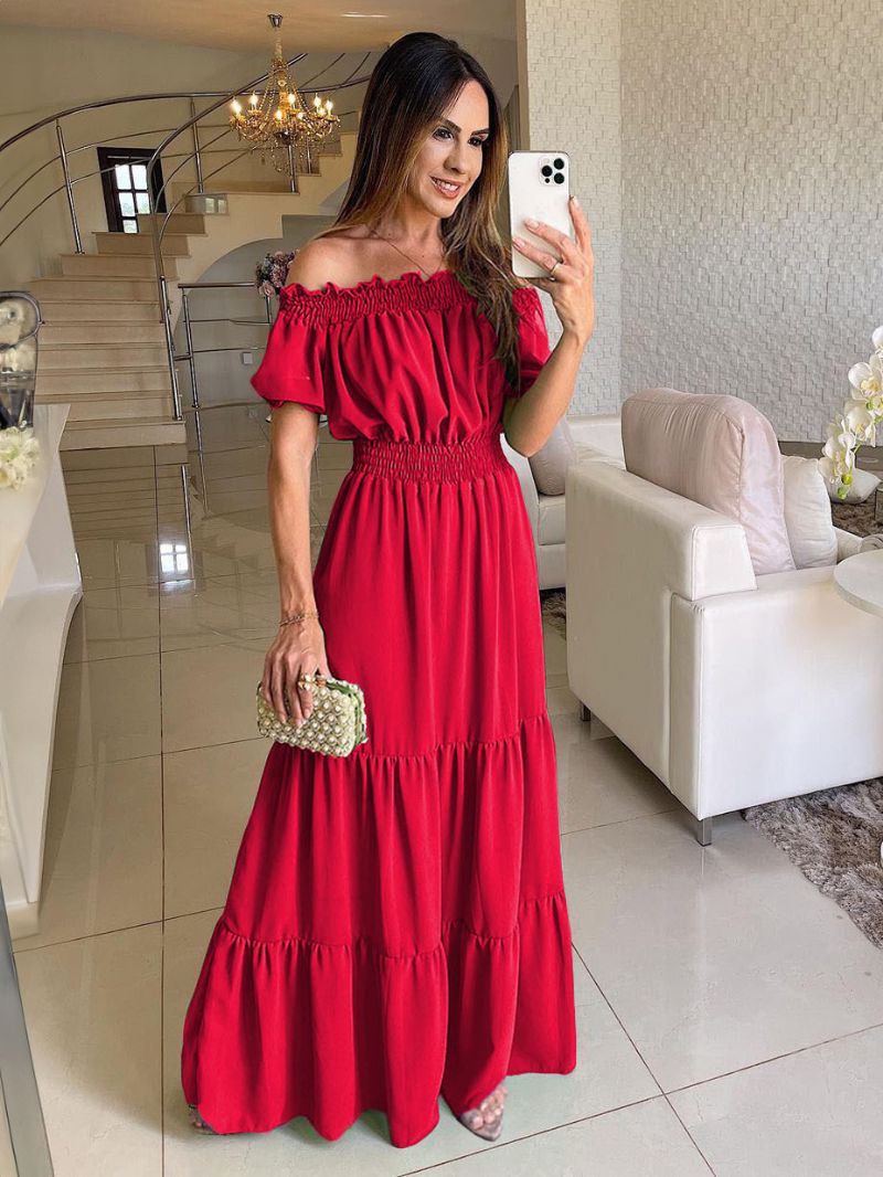 Kvinders Boho Kjole Off The Shoulder Plisseret Tier Casual Sommer Maxi Kjoler - Rød