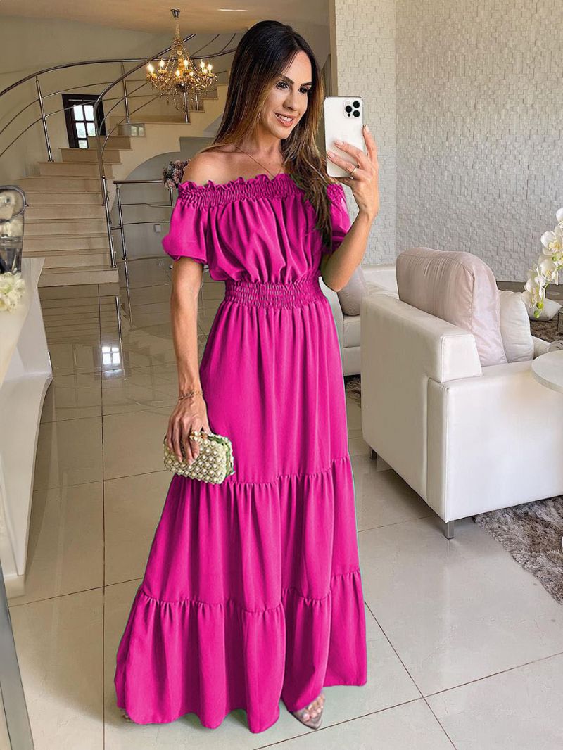 Kvinders Boho Kjole Off The Shoulder Plisseret Tier Casual Sommer Maxi Kjoler - Rose