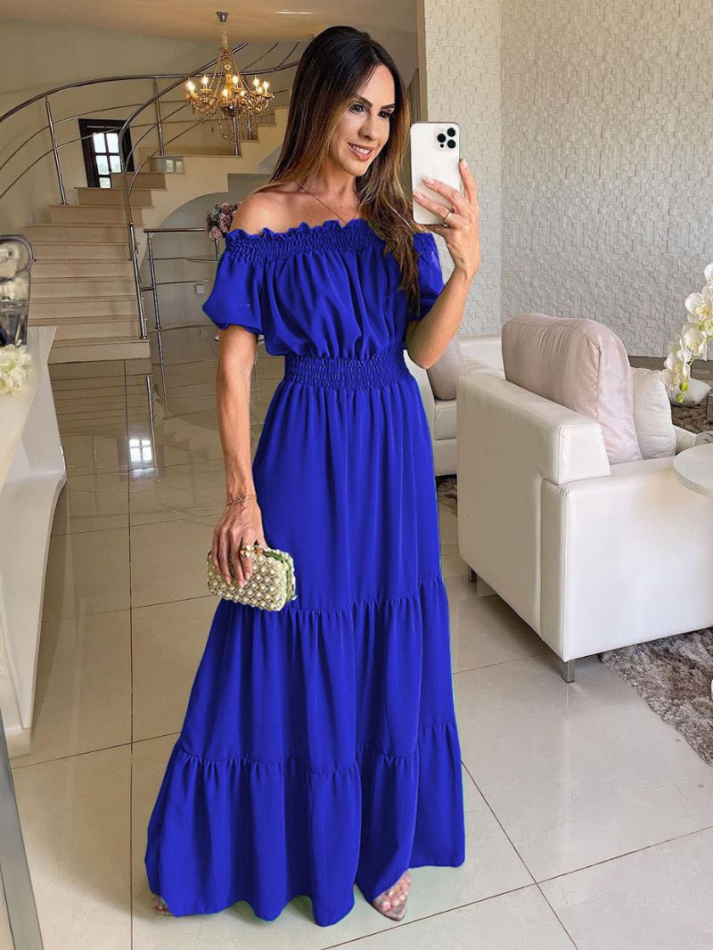 Kvinders Boho Kjole Off The Shoulder Plisseret Tier Casual Sommer Maxi Kjoler - Kongeblå