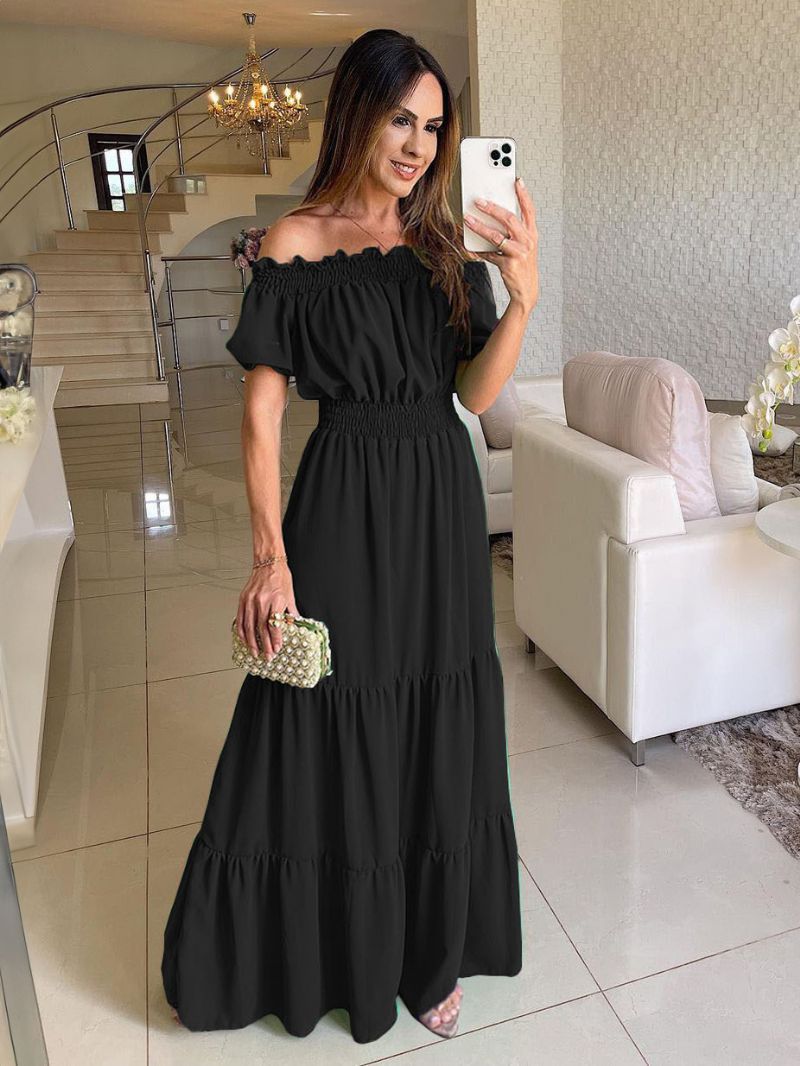 Kvinders Boho Kjole Off The Shoulder Plisseret Tier Casual Sommer Maxi Kjoler - Sort