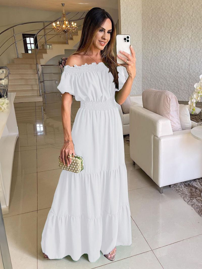 Kvinders Boho Kjole Off The Shoulder Plisseret Tier Casual Sommer Maxi Kjoler - Hvid