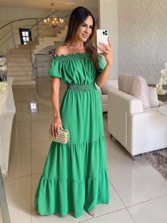 Kvinders Boho Kjole Off The Shoulder Plisseret Tier Casual Sommer Maxi Kjoler