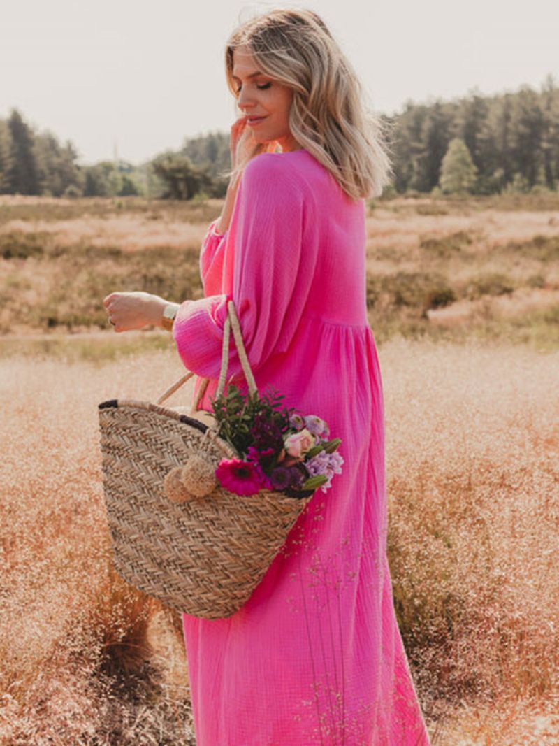 Kvinders Boho Kjole Plisseret V-hals Lange Ærmer Daglige Casual Maxi Kjoler - Rose