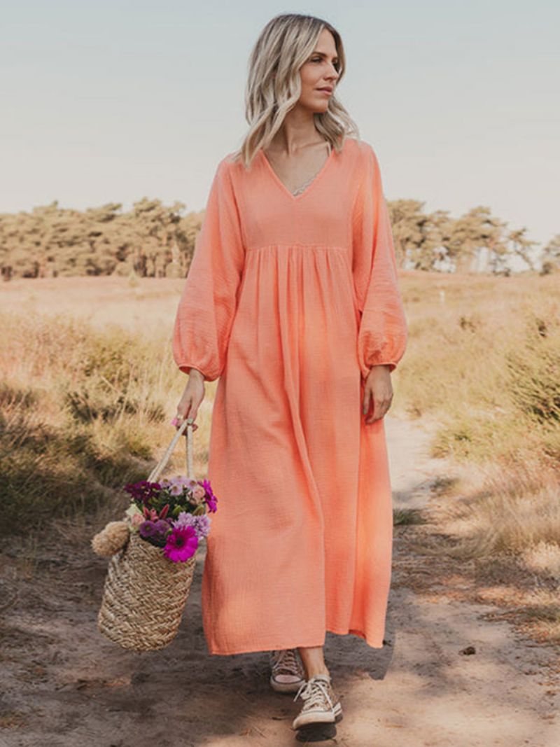 Kvinders Boho Kjole Plisseret V-hals Lange Ærmer Daglige Casual Maxi Kjoler - Orange