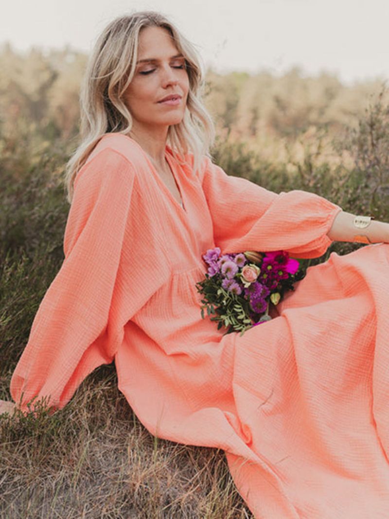 Kvinders Boho Kjole Plisseret V-hals Lange Ærmer Daglige Casual Maxi Kjoler - Orange