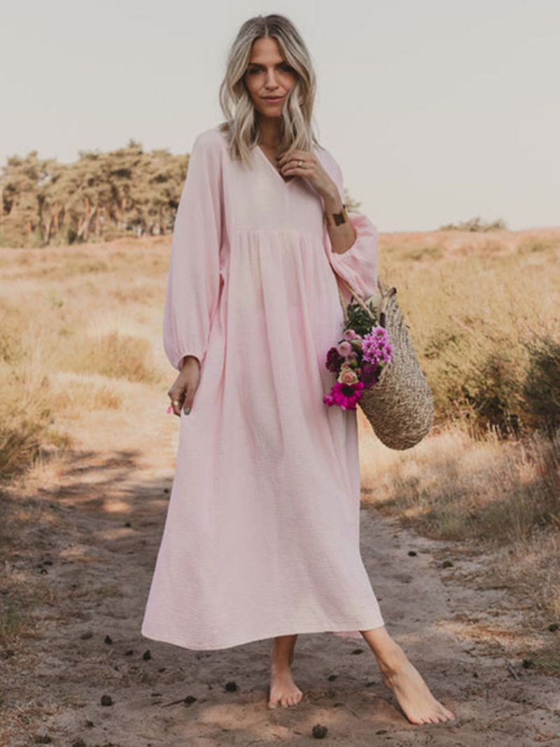 Kvinders Boho Kjole Plisseret V-hals Lange Ærmer Daglige Casual Maxi Kjoler - Pink