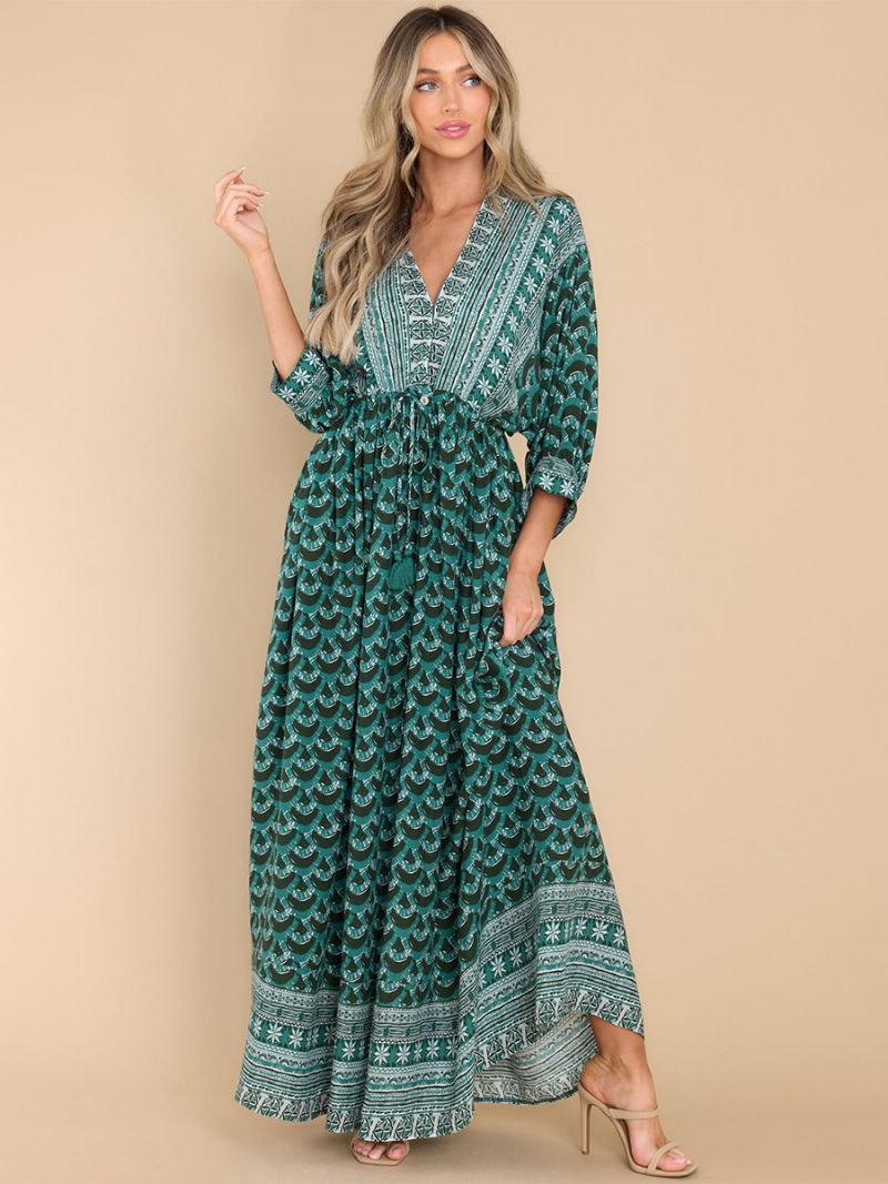 Kvinders Boho Kjole Print V-hals High Cut Daglig Casual Maxi Strandkjoler