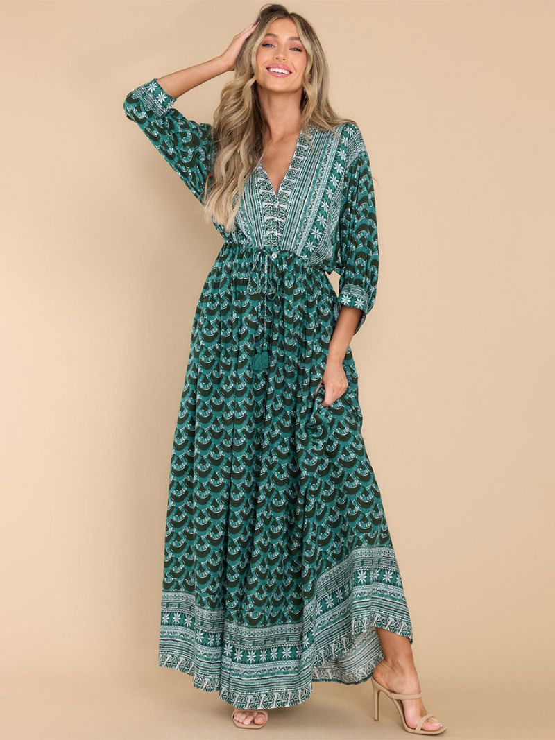 Kvinders Boho Kjole Print V-hals High Cut Daglig Casual Maxi Strandkjoler - Grøn