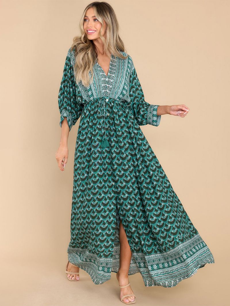 Kvinders Boho Kjole Print V-hals High Cut Daglig Casual Maxi Strandkjoler - Grøn