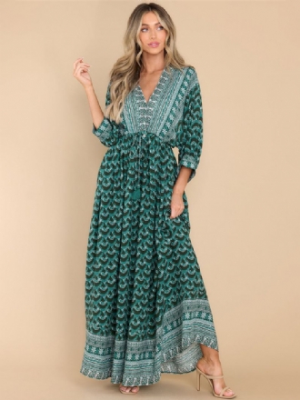 Kvinders Boho Kjole Print V-hals High Cut Daglig Casual Maxi Strandkjoler