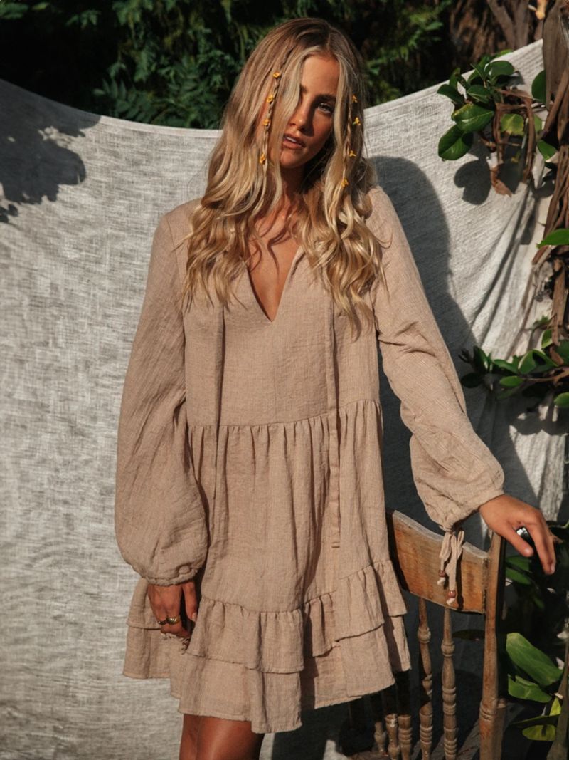 Kvinders Boho Kjole Sash V-hals Langærmet Oversized Strandkjole - Kaffe Brun