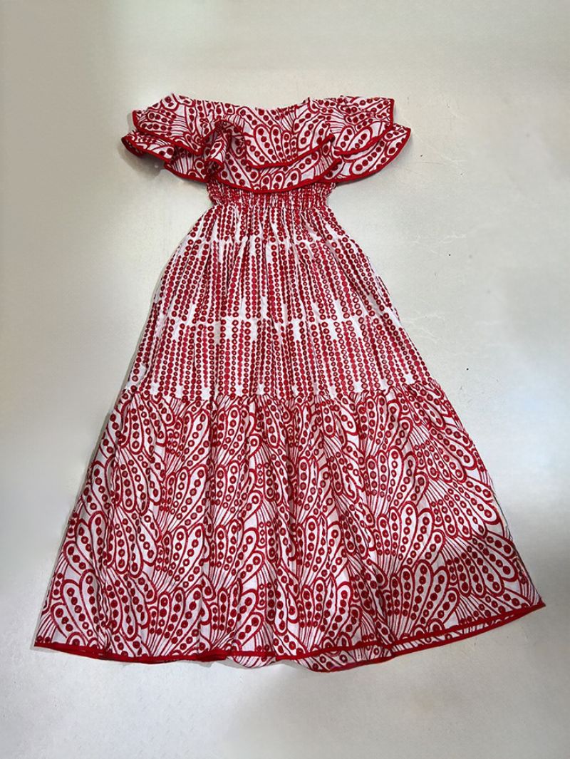 Kvinders Boho Kjole Stropløs Bateau Neck Ærmeløs Lace Summer Dress - Rød