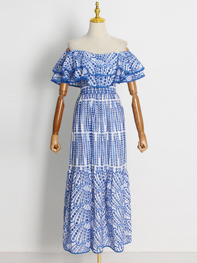 Kvinders Boho Kjole Stropløs Bateau Neck Ærmeløs Lace Summer Dress - Lys Himmelblå