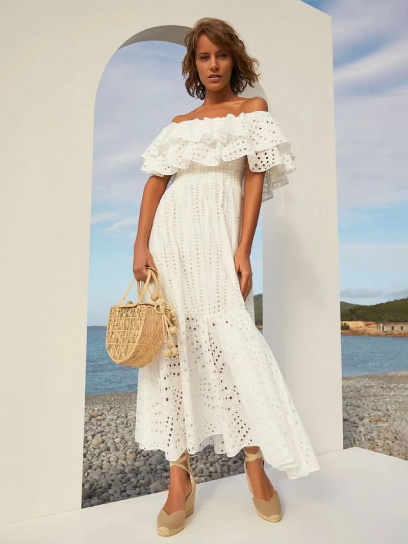 Kvinders Boho Kjole Stropløs Bateau Neck Ærmeløs Lace Summer Dress - Hvid