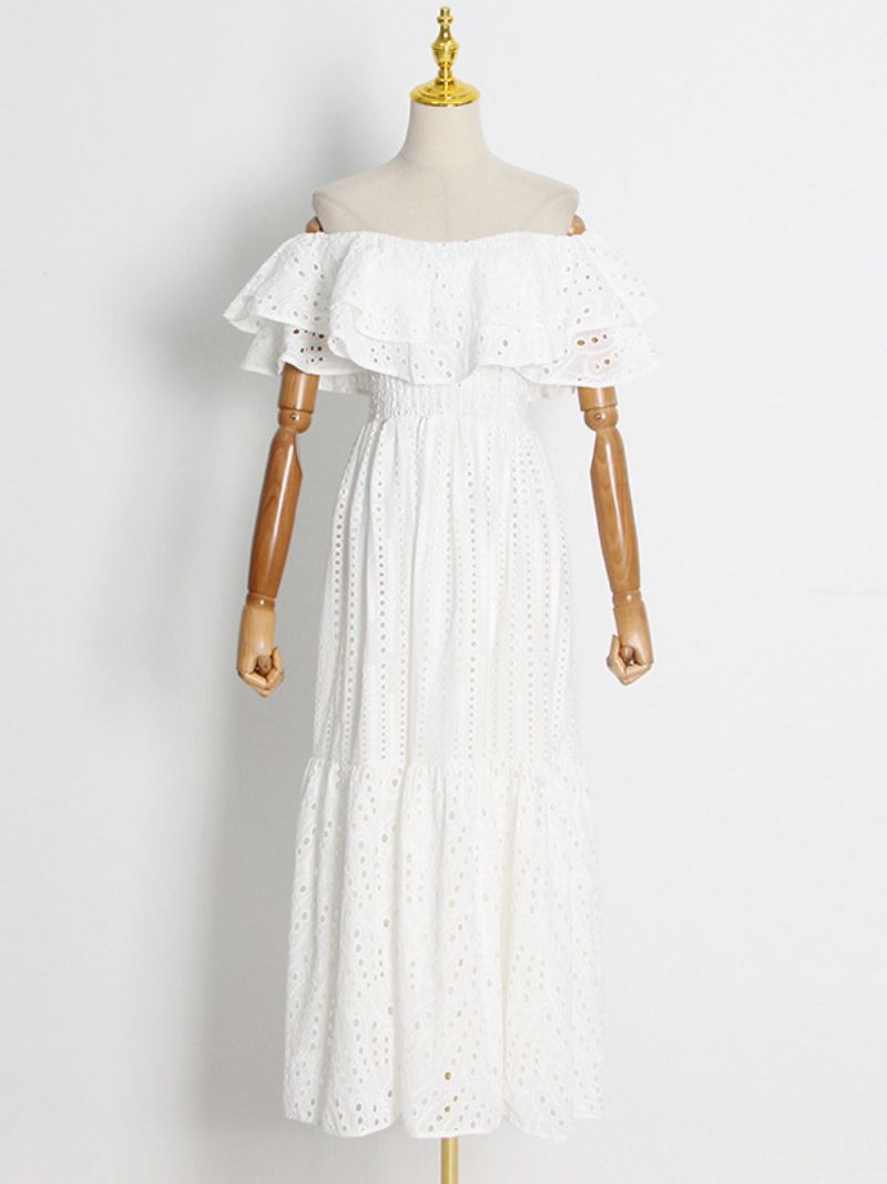 Kvinders Boho Kjole Stropløs Bateau Neck Ærmeløs Lace Summer Dress - Hvid