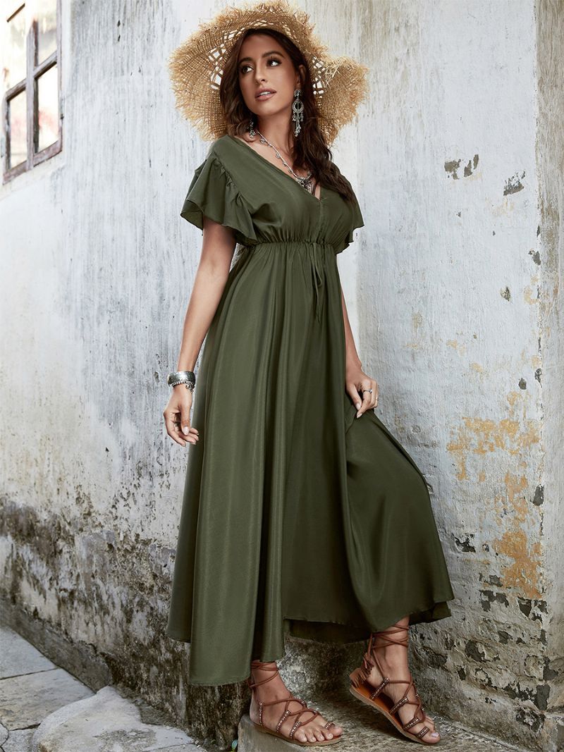 Kvinders Boho Kjole V-hals Flutter Ærmer Talje Snøre Casual Sommer Maxi Kjoler - Hunter Green