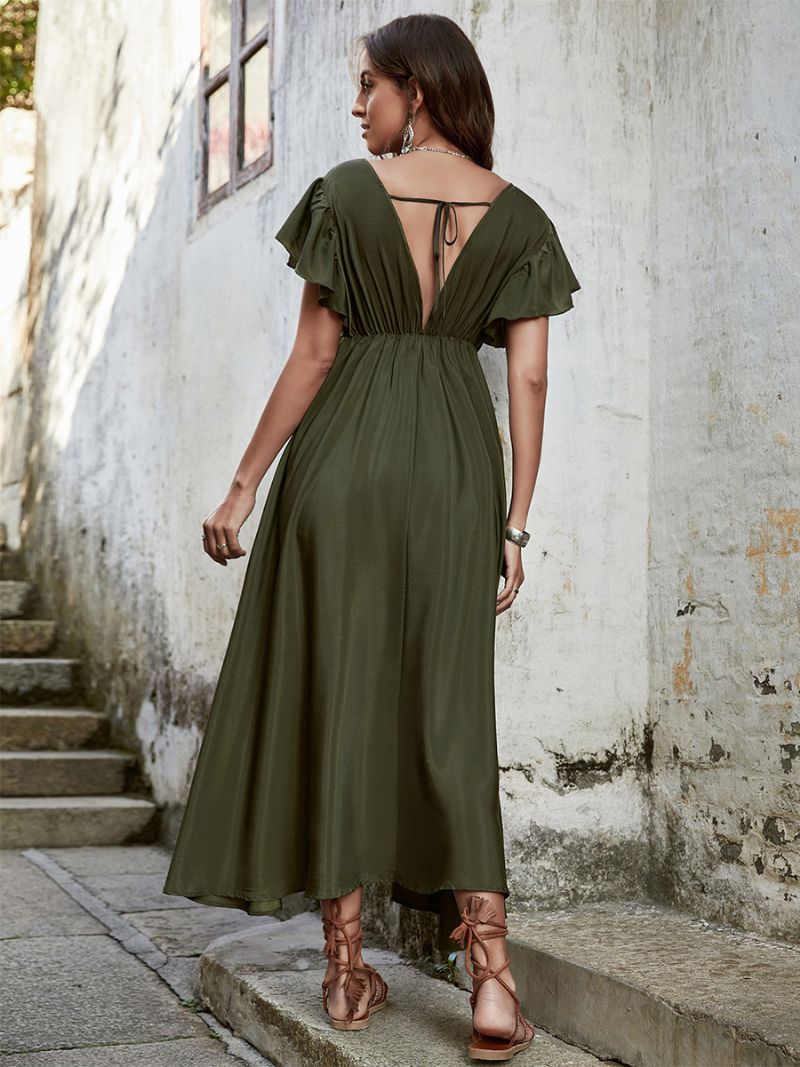 Kvinders Boho Kjole V-hals Flutter Ærmer Talje Snøre Casual Sommer Maxi Kjoler - Hunter Green