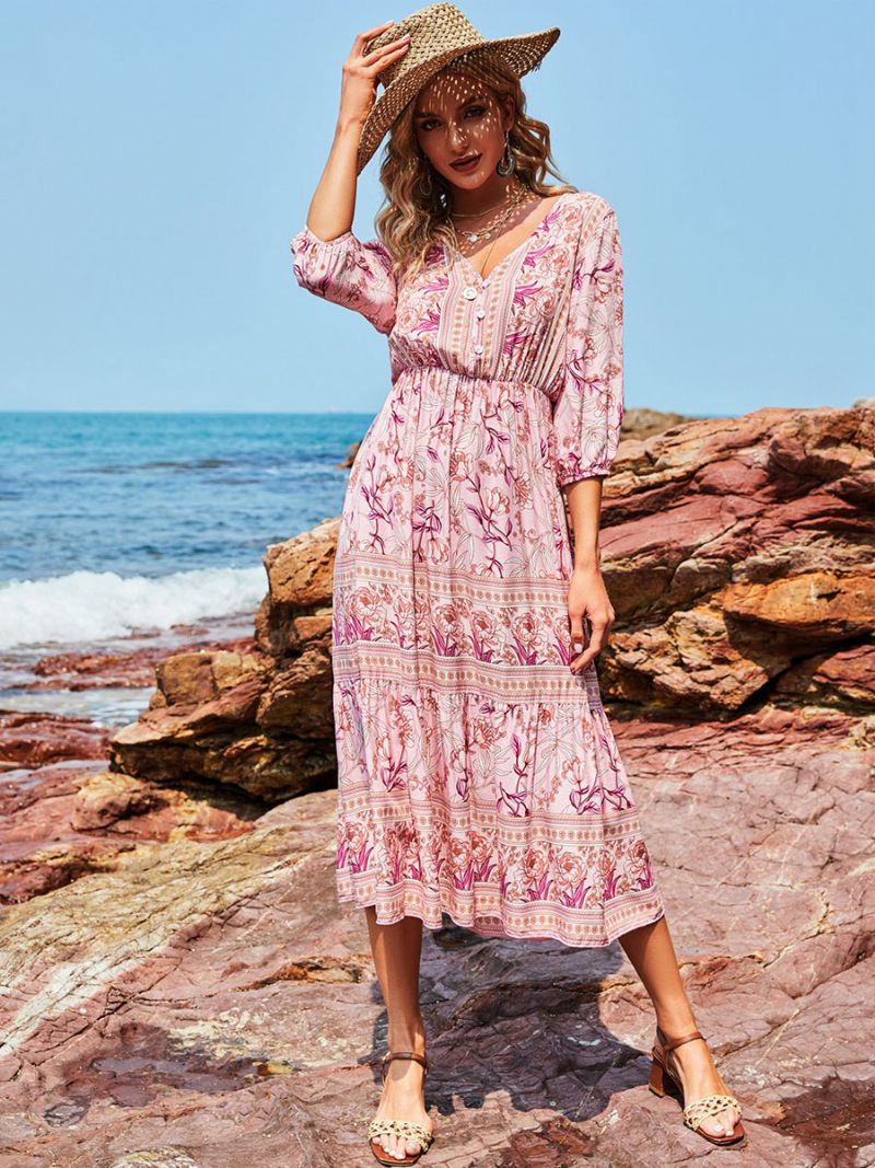 Kvinders Boho Kjole V-hals Halve Ærmer Blomstertrykt Stretch Plisseret Maxi Strandkjole - Pink