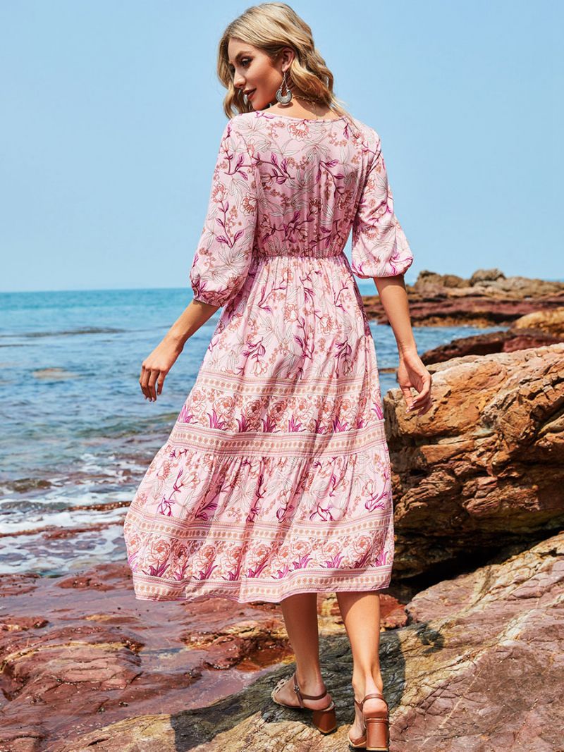 Kvinders Boho Kjole V-hals Halve Ærmer Blomstertrykt Stretch Plisseret Maxi Strandkjole - Pink