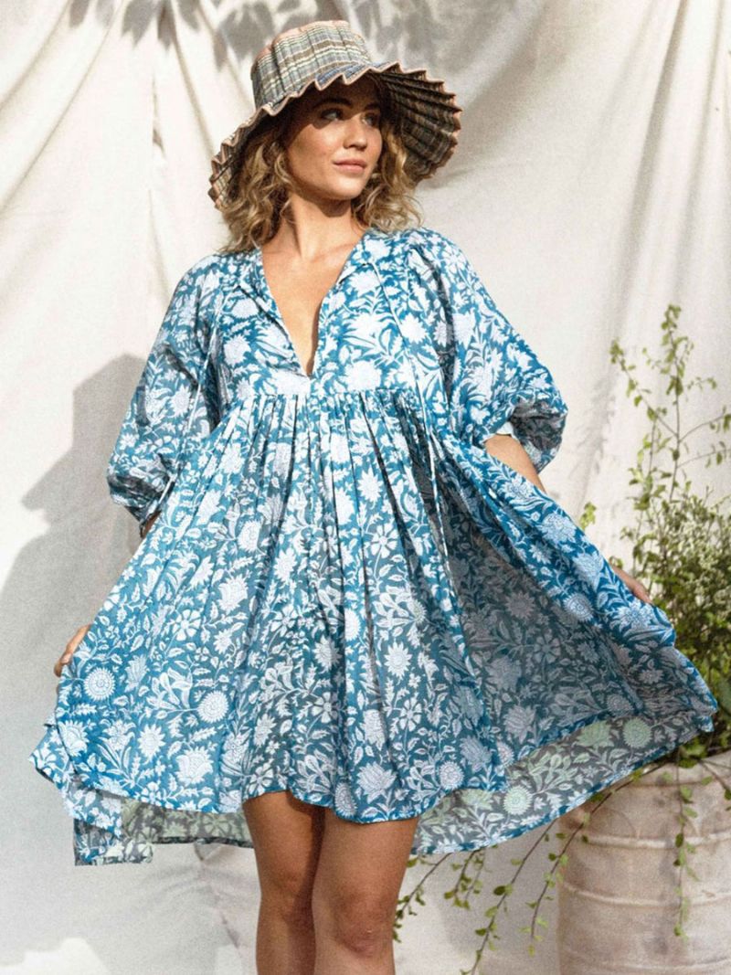 Kvinders Boho Kjole V-hals Halve Ærmer Printet Oversized Beach Dress