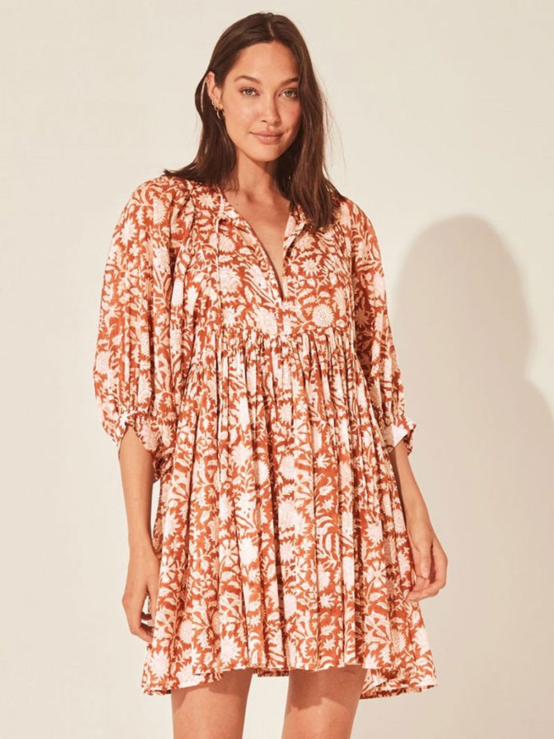 Kvinders Boho Kjole V-hals Halve Ærmer Printet Oversized Beach Dress - Rød