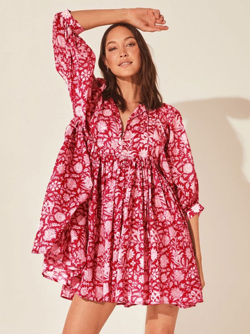 Kvinders Boho Kjole V-hals Halve Ærmer Printet Oversized Beach Dress - Rose