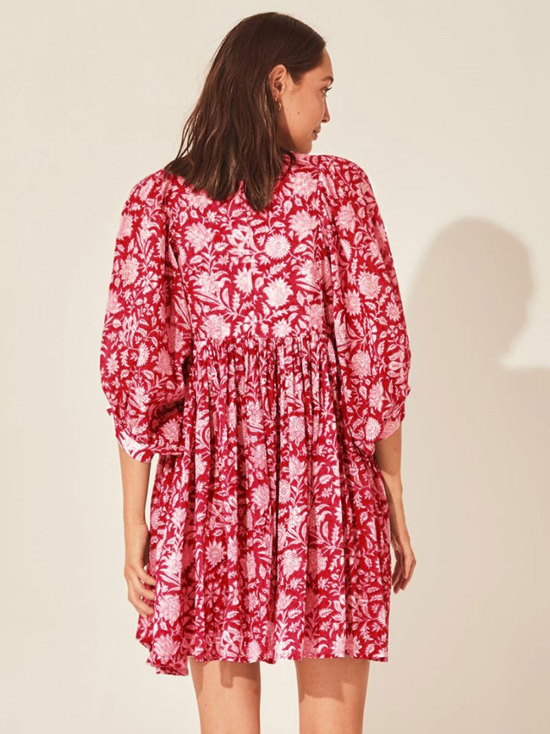 Kvinders Boho Kjole V-hals Halve Ærmer Printet Oversized Beach Dress - Rose