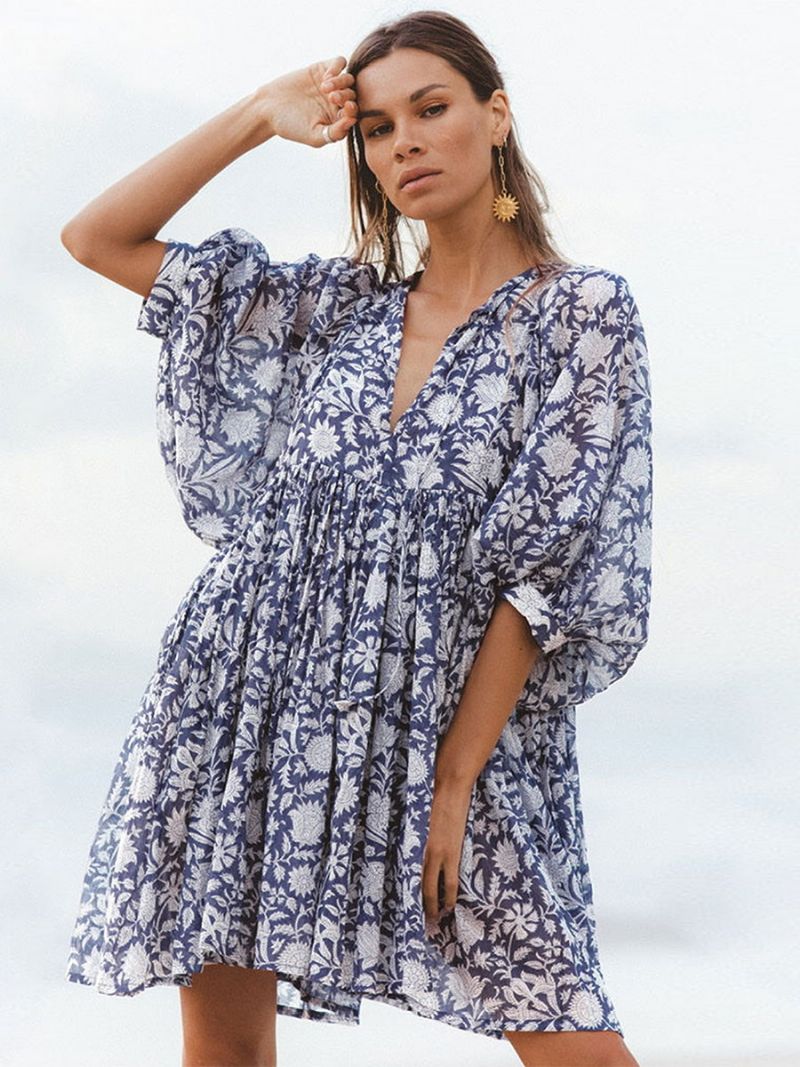 Kvinders Boho Kjole V-hals Halve Ærmer Printet Oversized Beach Dress - Blå