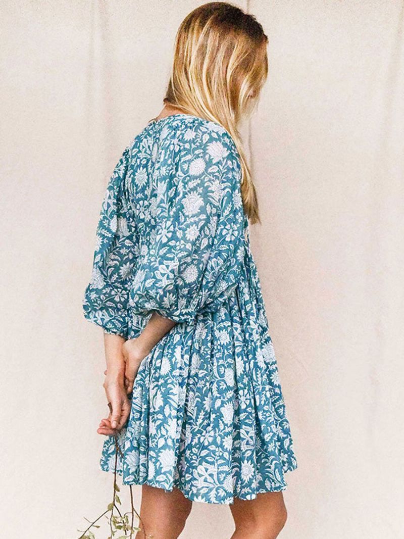 Kvinders Boho Kjole V-hals Halve Ærmer Printet Oversized Beach Dress - Teal